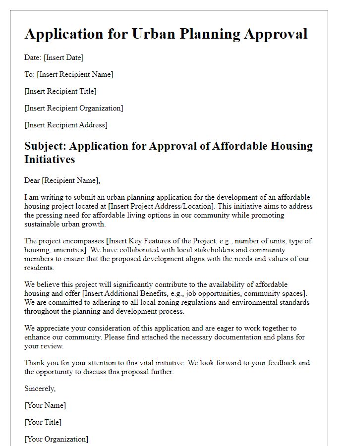 Letter template of urban planning application for affordable housing initiatives.