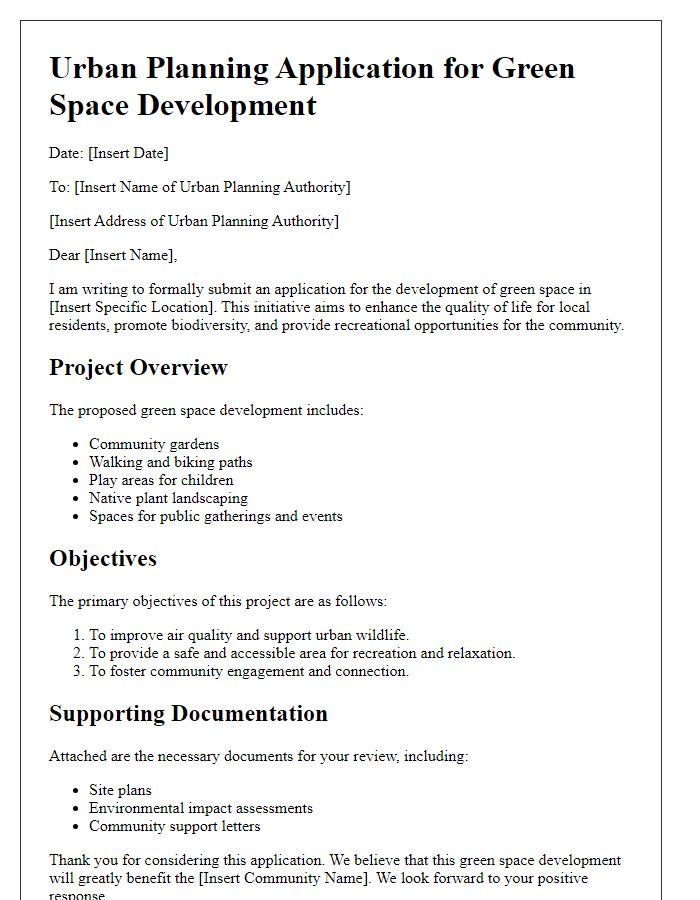 Letter template of urban planning application for green space development.