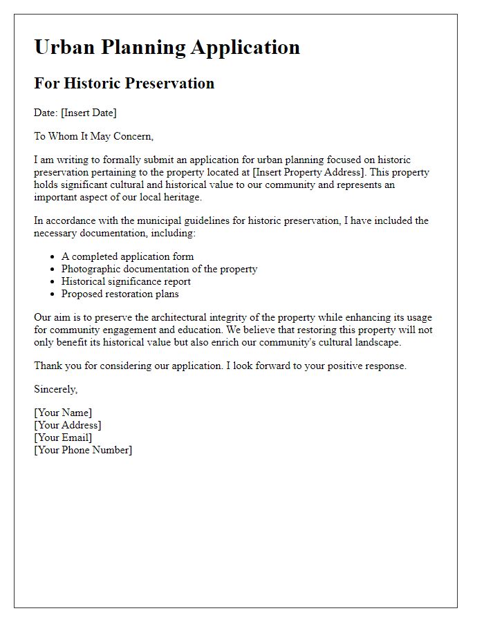 Letter template of urban planning application for historic preservation.