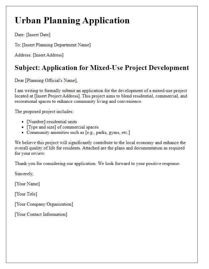 Letter template of urban planning application for mixed-use projects.