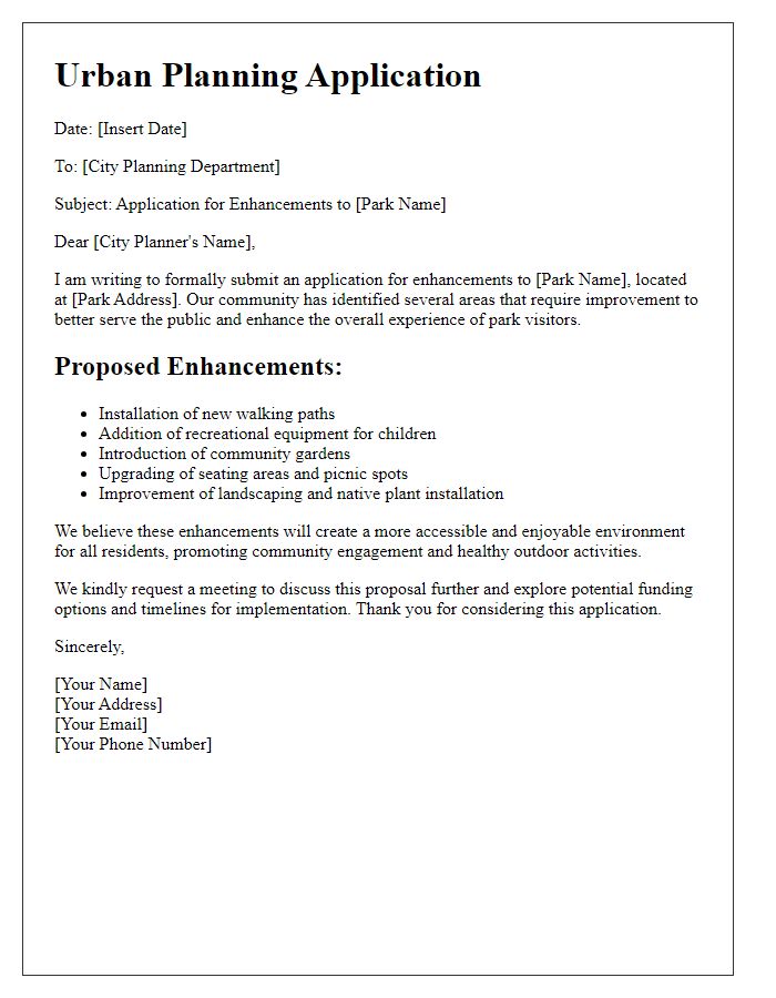 Letter template of urban planning application for public park enhancements.