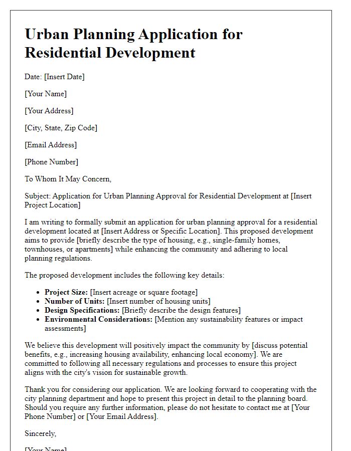 Letter template of urban planning application for residential development.