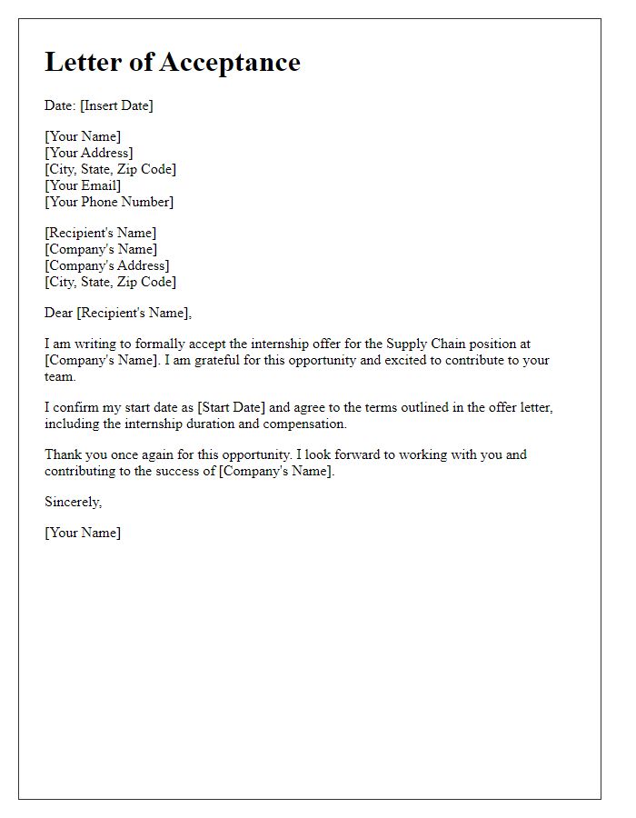 Letter template of acceptance for supply chain internship offer.