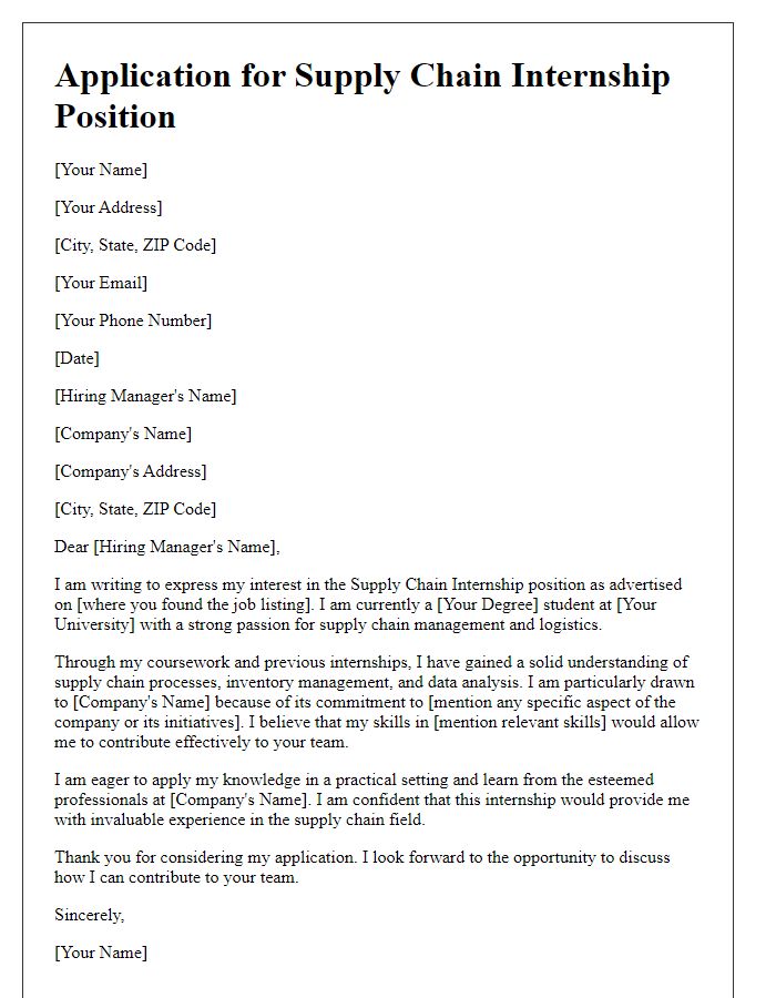 Letter template of application for supply chain internship position.