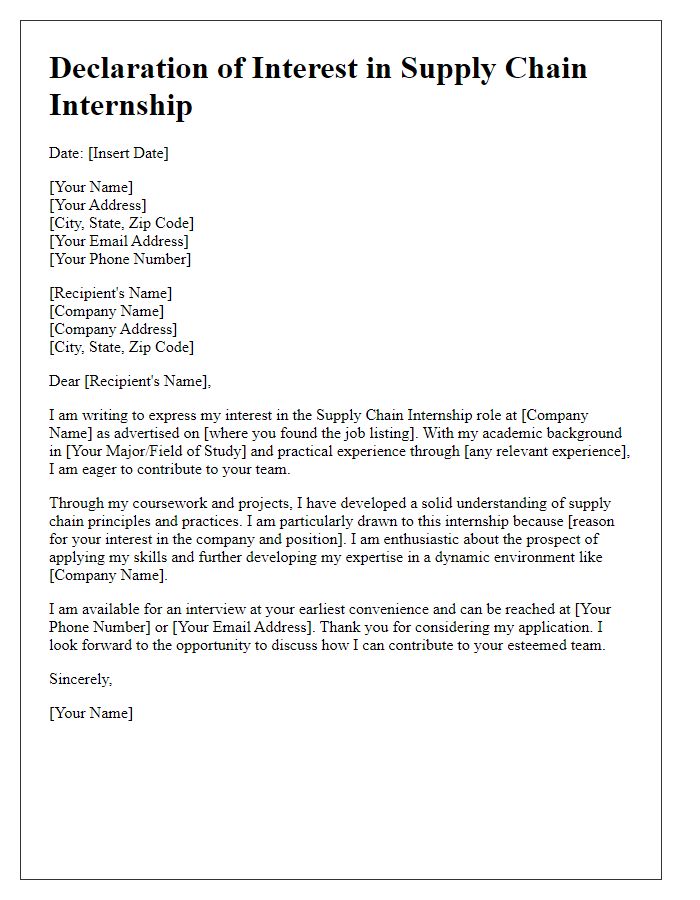 Letter template of declaration of interest in supply chain internship role.