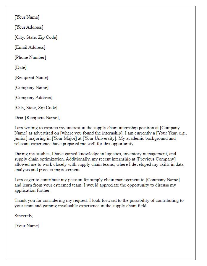 Letter template of request for supply chain internship consideration.