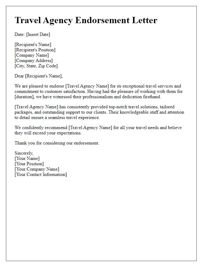 Letter template of travel agency endorsement