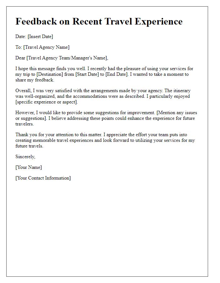 Letter template of travel agency feedback