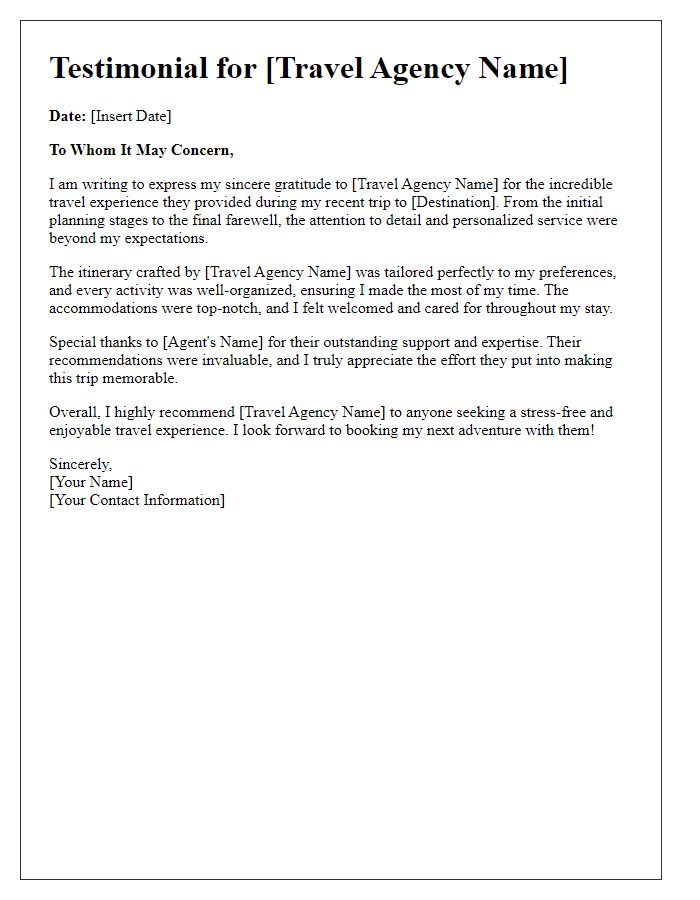 Letter template of travel agency testimonial