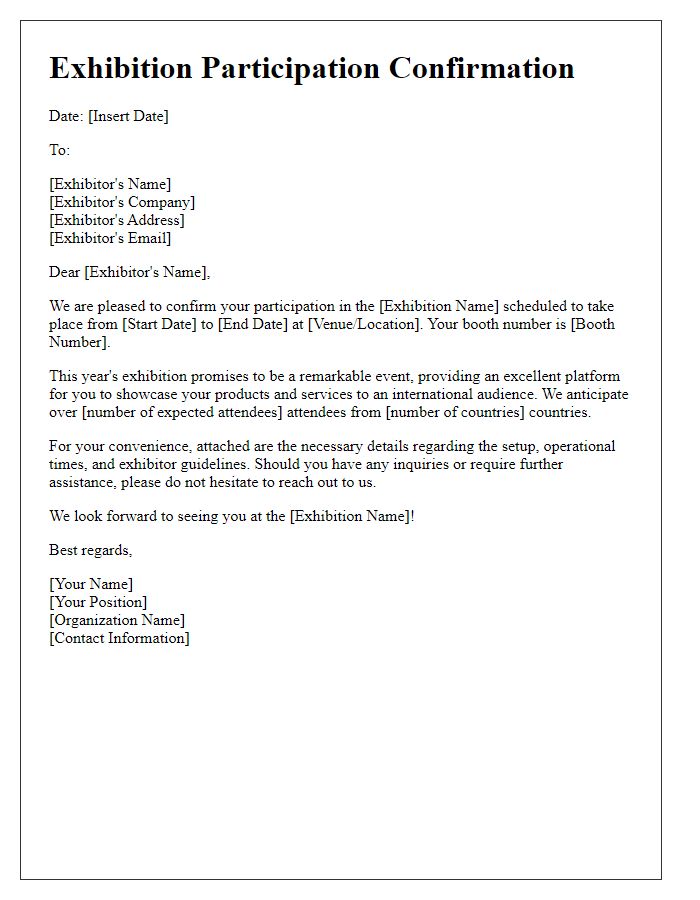 Letter template of exhibition participation confirmation for international exhibitors.