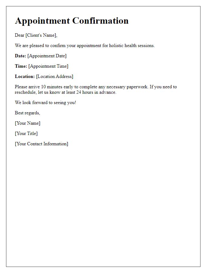 Letter template of appointment confirmation for holistic health sessions