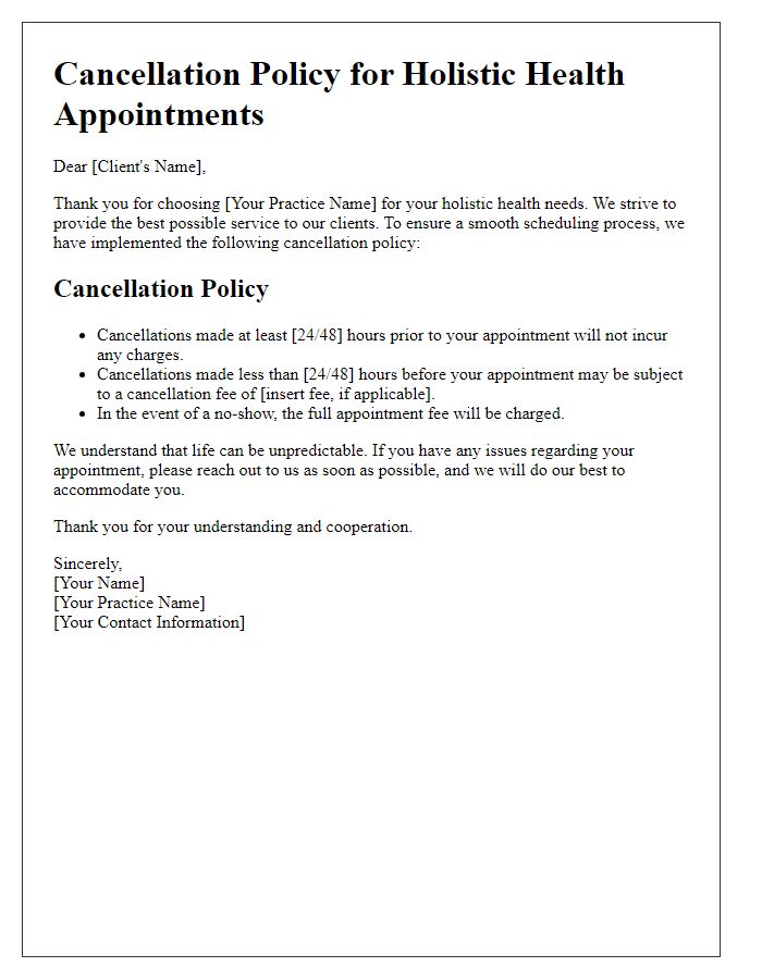 Letter template of cancellation policy for holistic health appointments