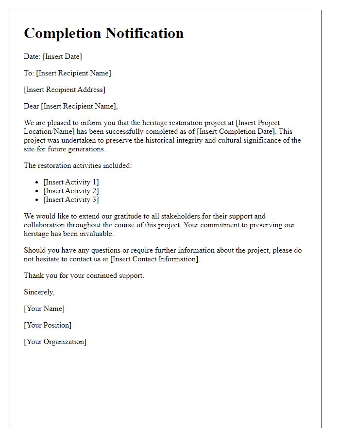 Letter template of completion notification for heritage restoration project