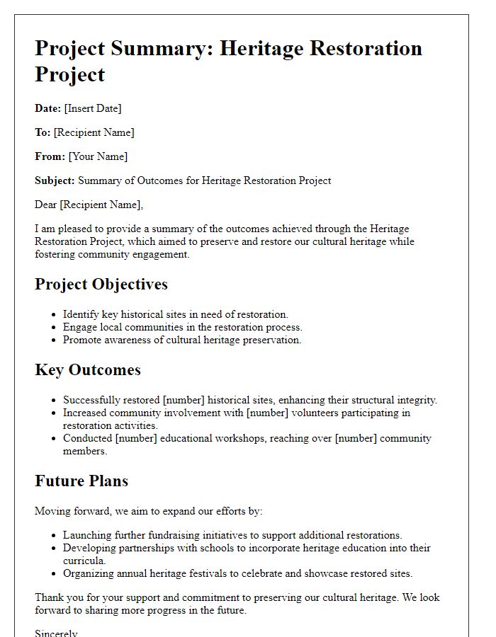 Letter template of project summary for heritage restoration project outcomes