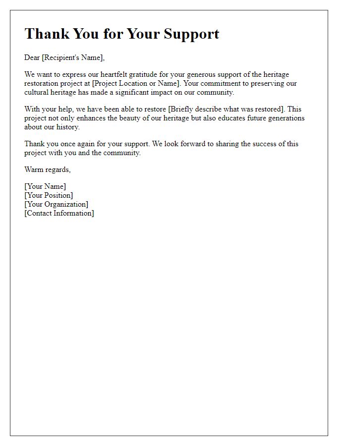 Letter template of thank you for heritage restoration project support