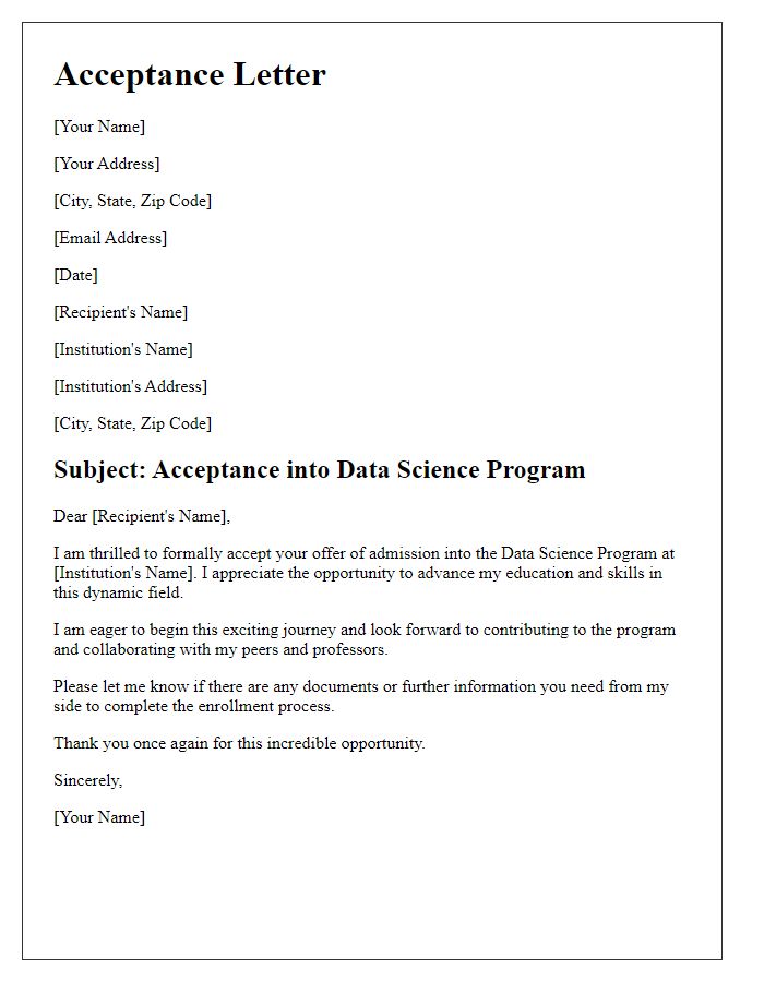 Letter template of acceptance into data science program