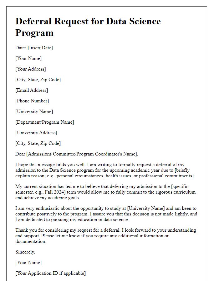 Letter template of deferral request for data science program