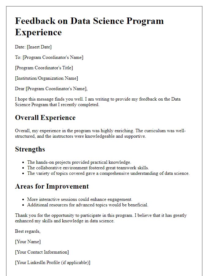 Letter template of feedback on data science program experience