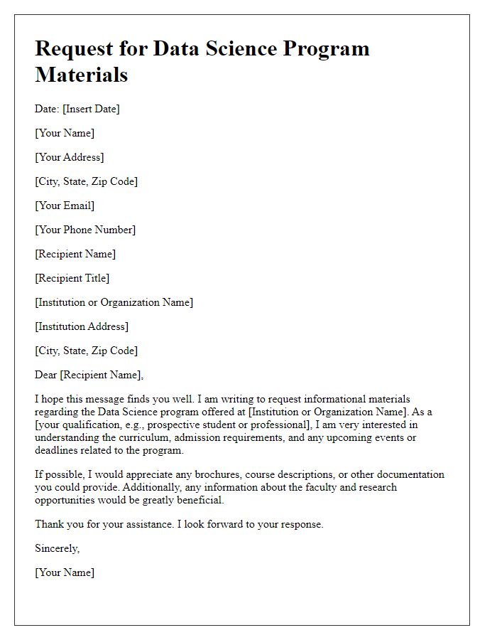 Letter template of request for data science program materials