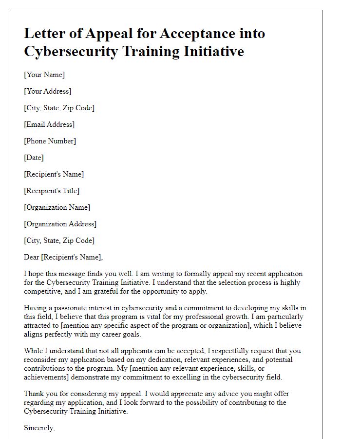 Letter template of appeal for acceptance into cybersecurity training initiative