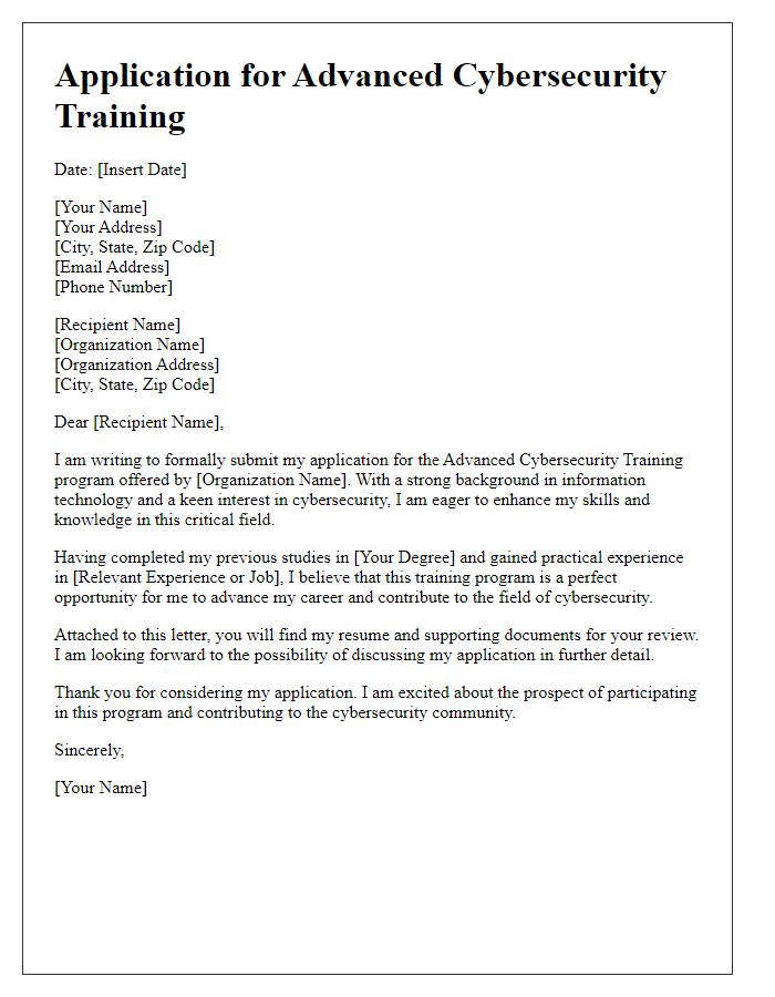 Letter template of application submission for advanced cybersecurity training