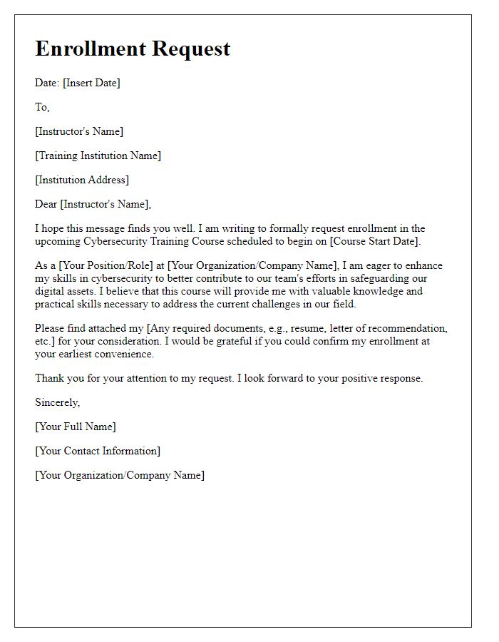 Letter template of enrollment request for cybersecurity training course