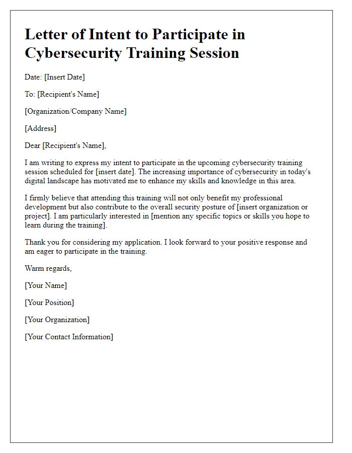 Letter template of intent to participate in cybersecurity training session