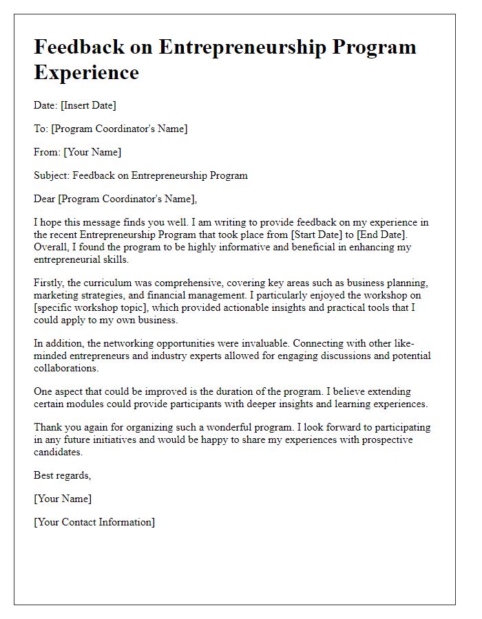 Letter template of feedback on entrepreneurship program experience.