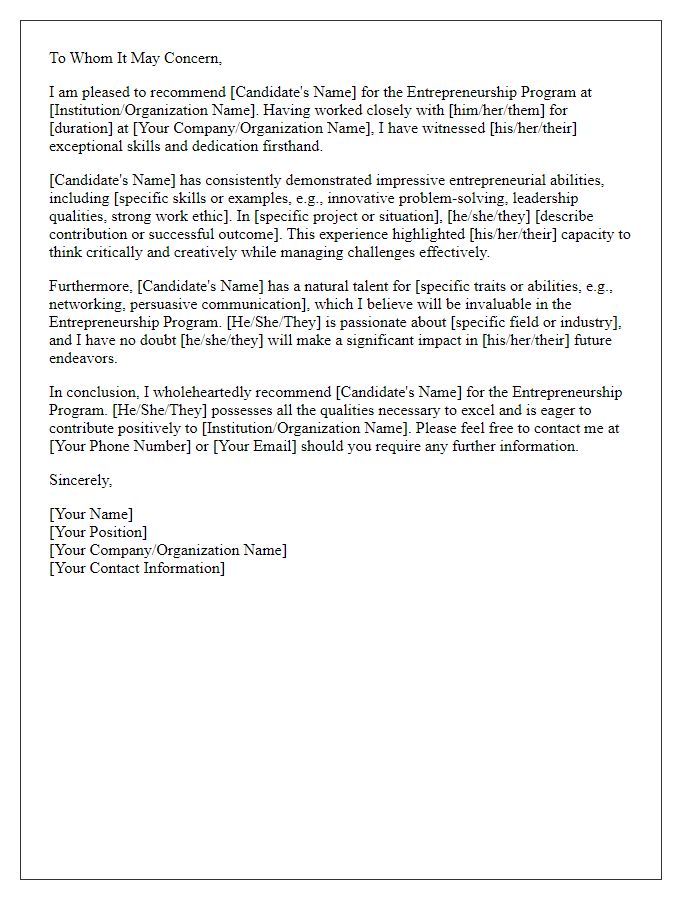 Letter template of recommendation for entrepreneurship program candidate.