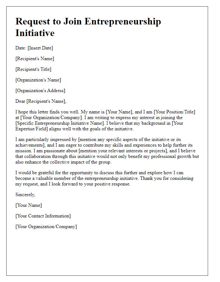 Letter template of request to join entrepreneurship initiative.