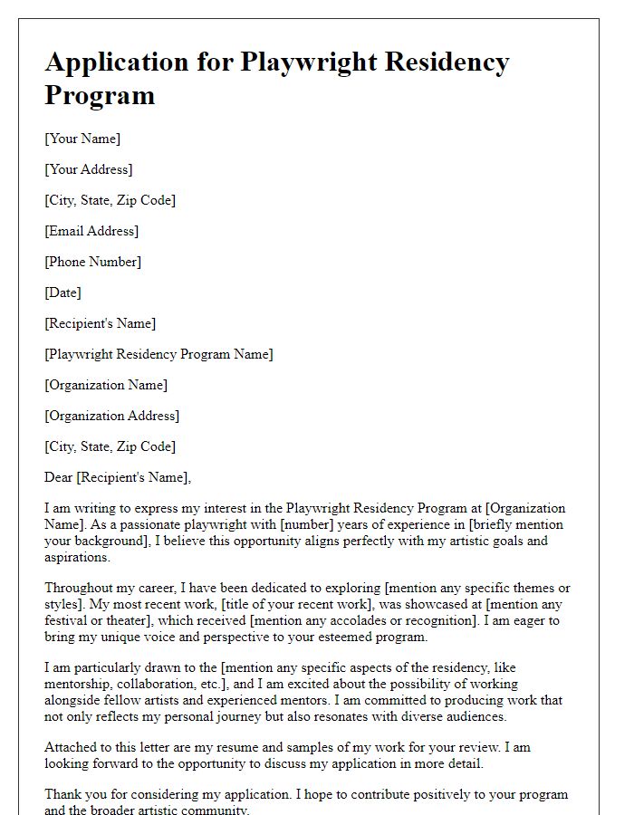 Letter template of application for playwright residency program