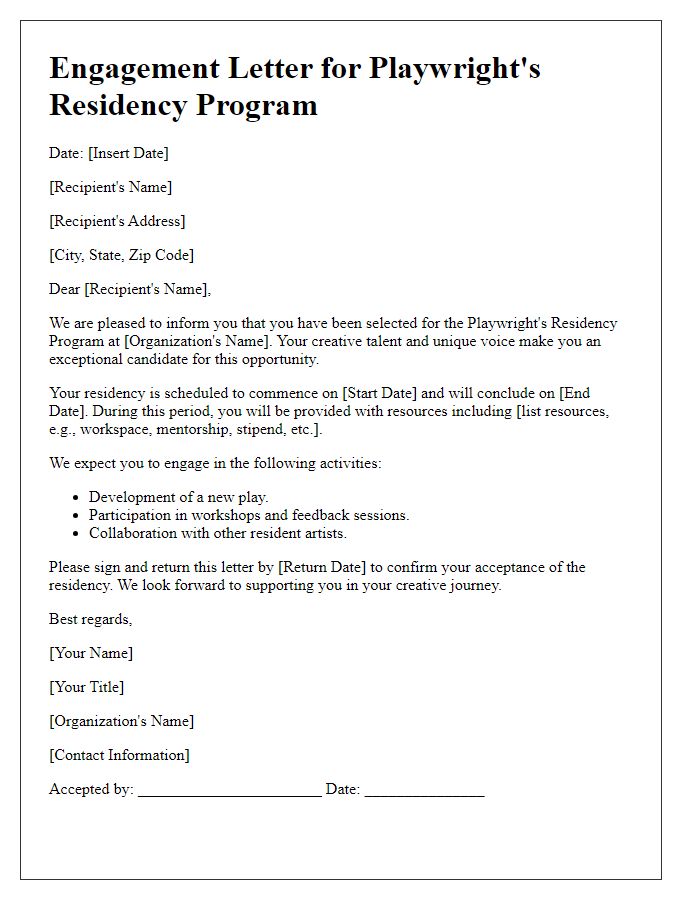 Letter template of engagement for a playwrights residency program