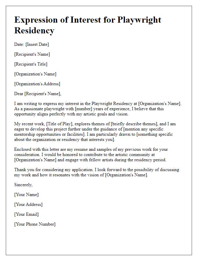 Letter template of expression of interest in playwright residency