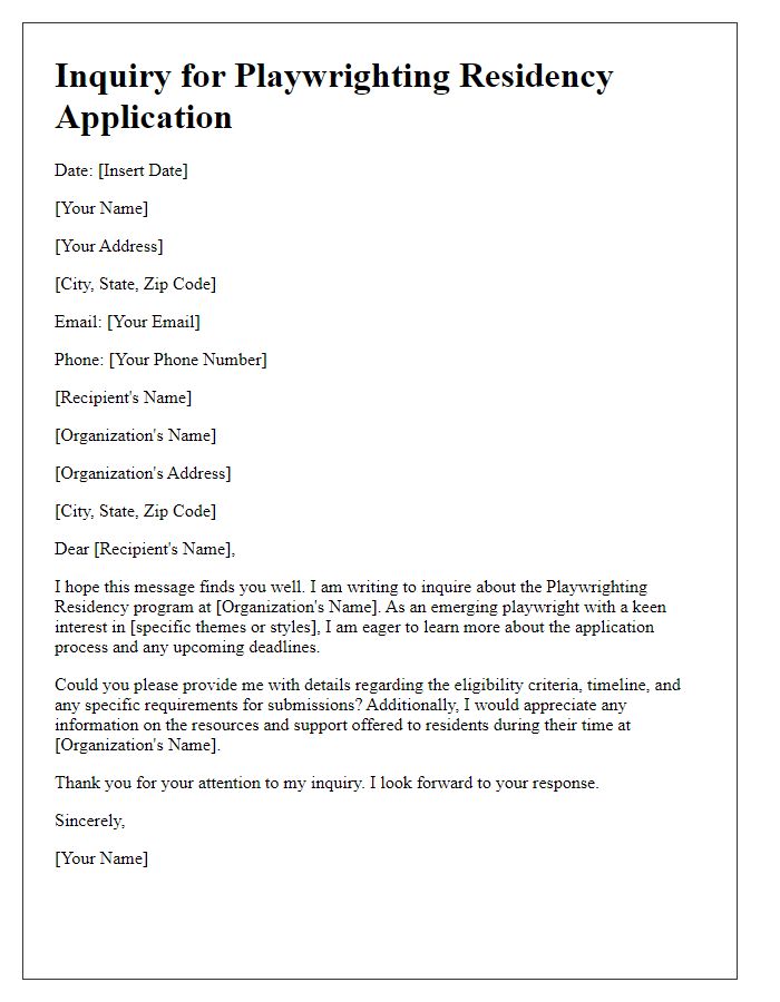 Letter template of inquiry for playwrighting residency application