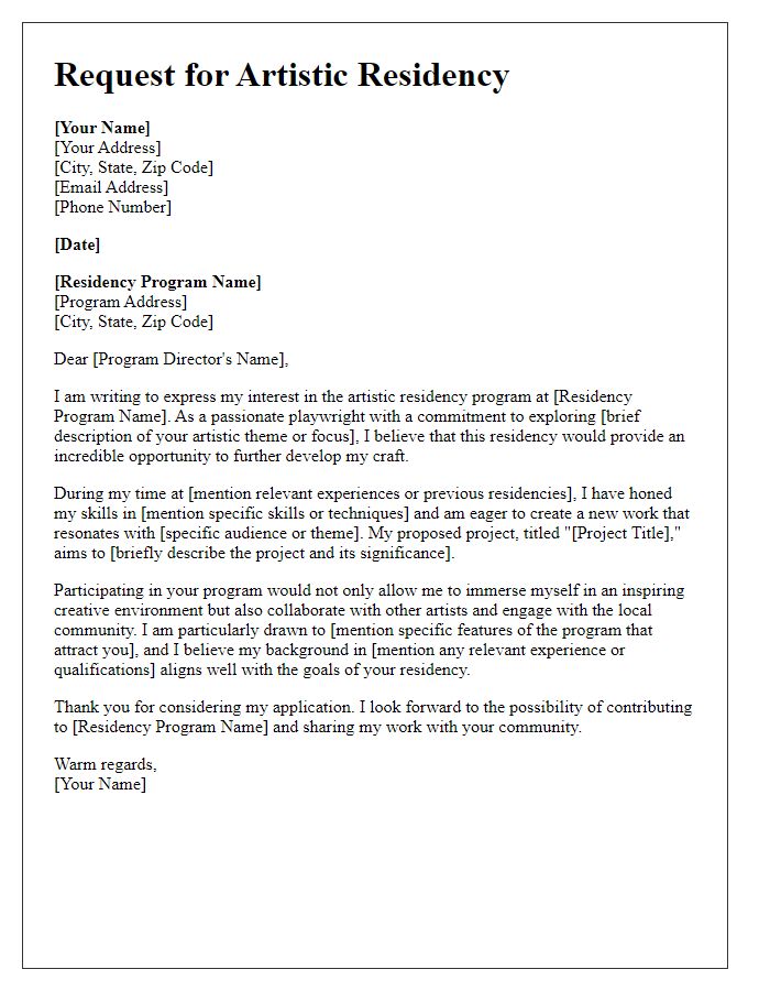 Letter template of request for artistic residency as a playwright