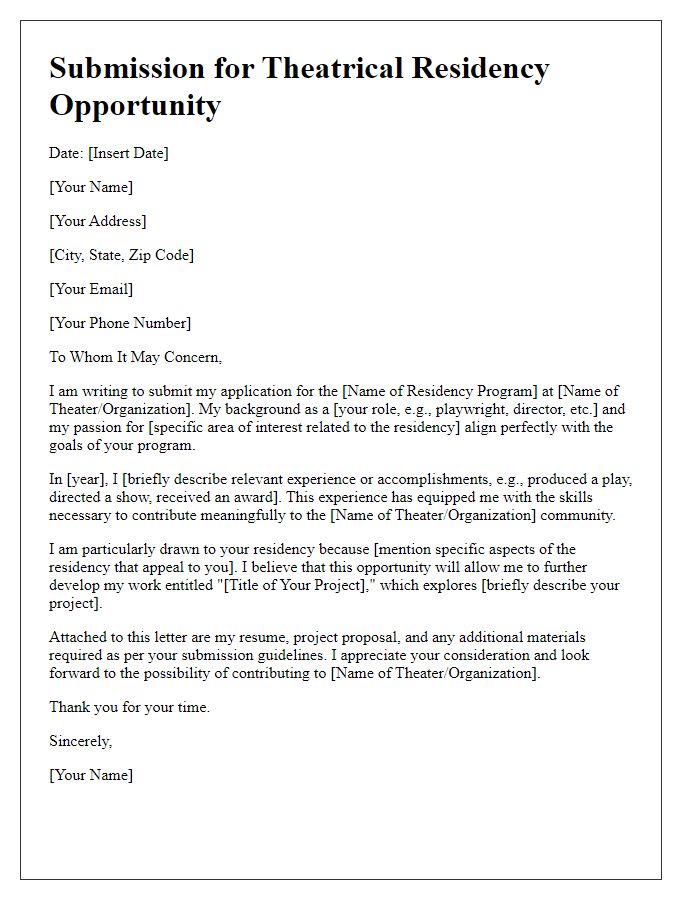 Letter template of submission for theatrical residency opportunity