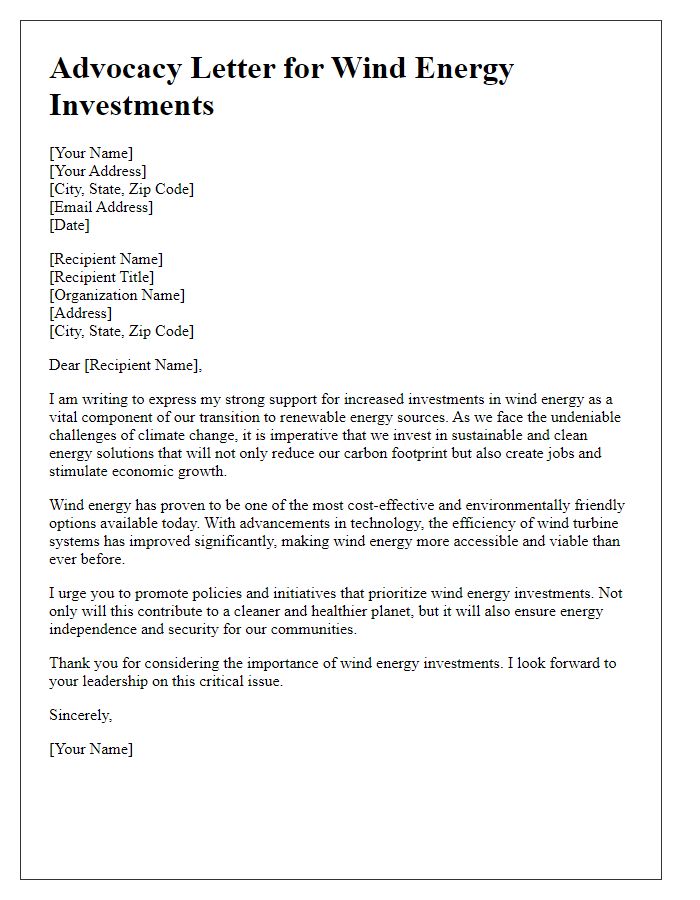 Letter template of advocacy for wind energy investments