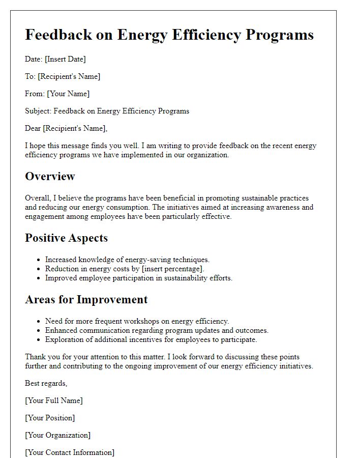 Letter template of feedback on energy efficiency programs