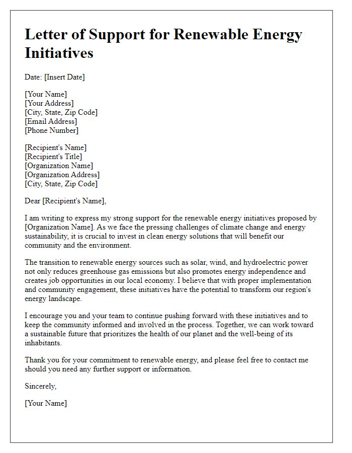 Letter template of support for renewable energy initiatives