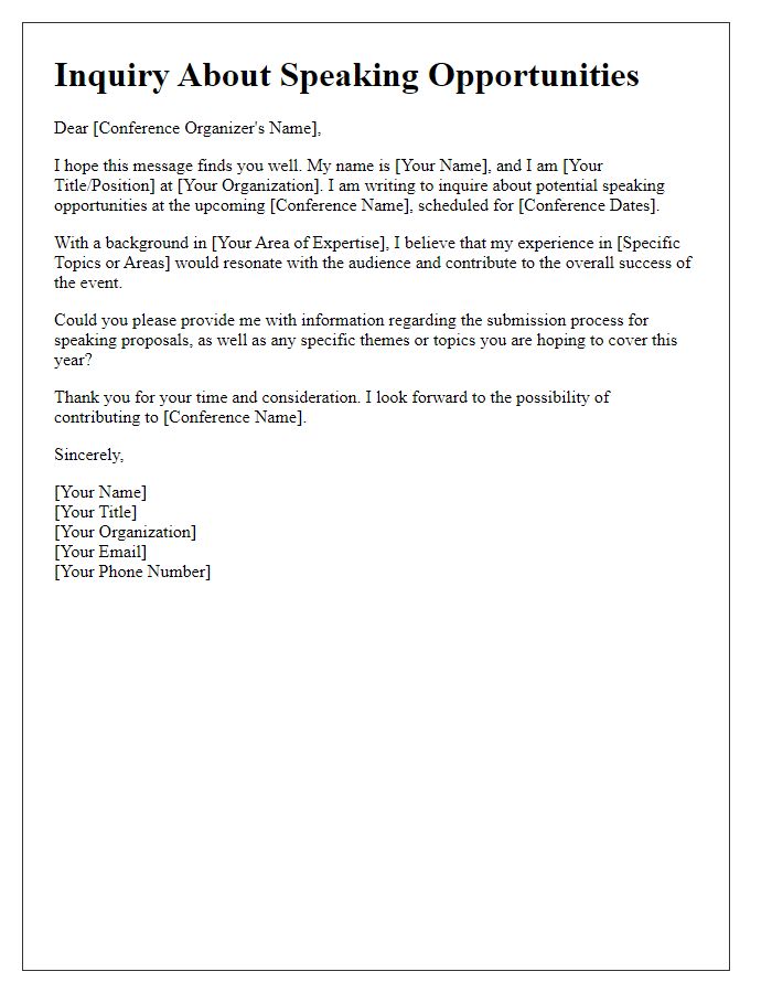 Letter template of inquiry about speaking opportunities at the conference