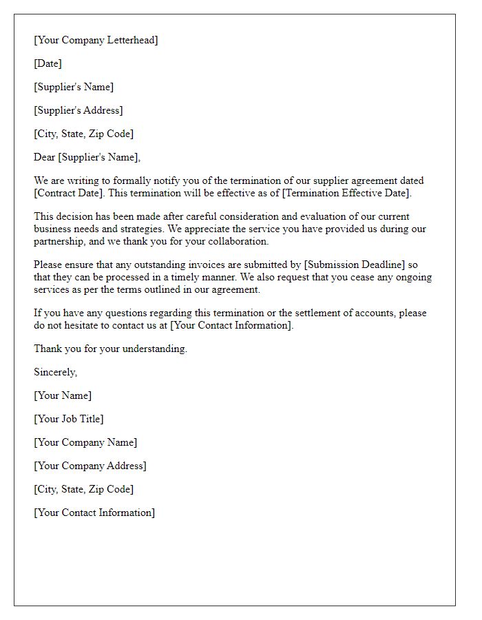 Letter template of contract termination for supplier agreement.