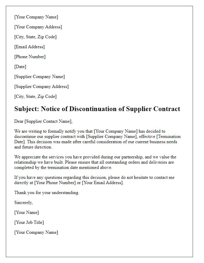 Letter template of discontinuation of supplier contract.