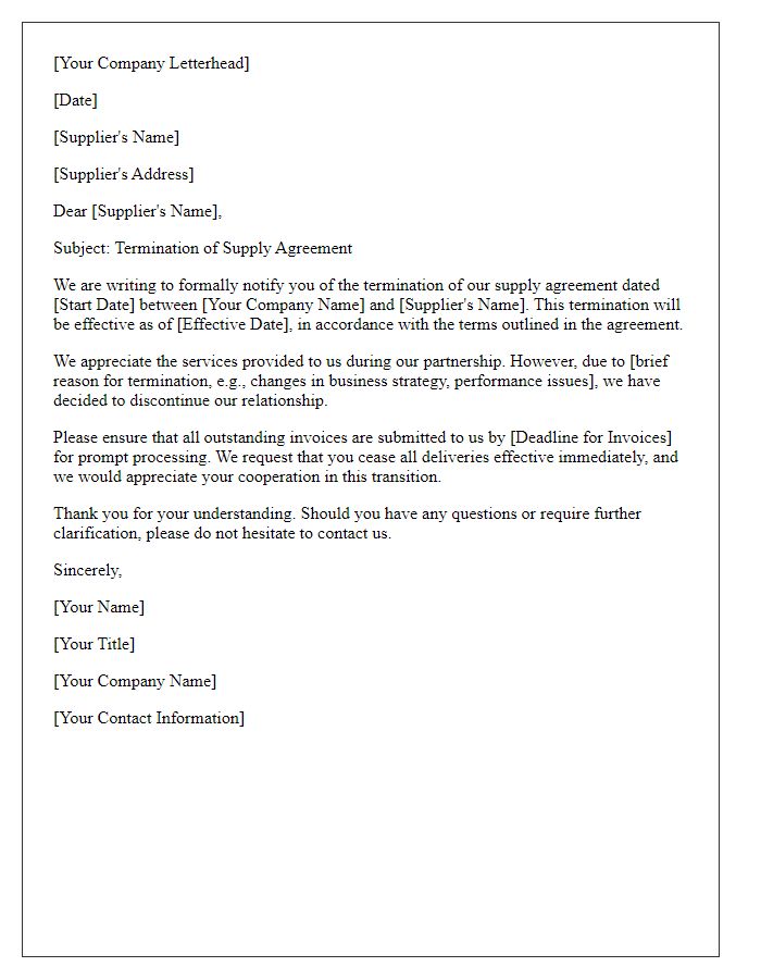 Letter template of formal termination notice to supplier.