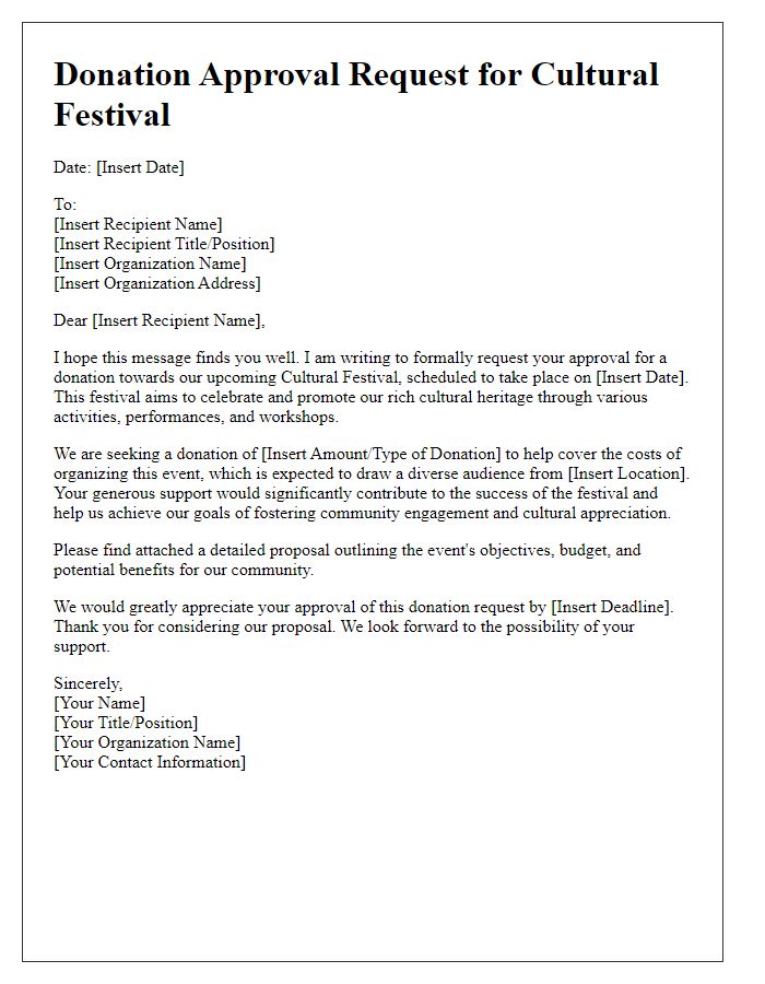 Letter template of donation approval request for cultural festival