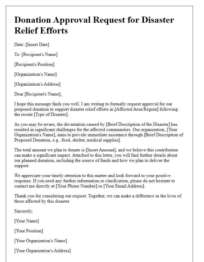 Letter template of donation approval request for disaster relief efforts