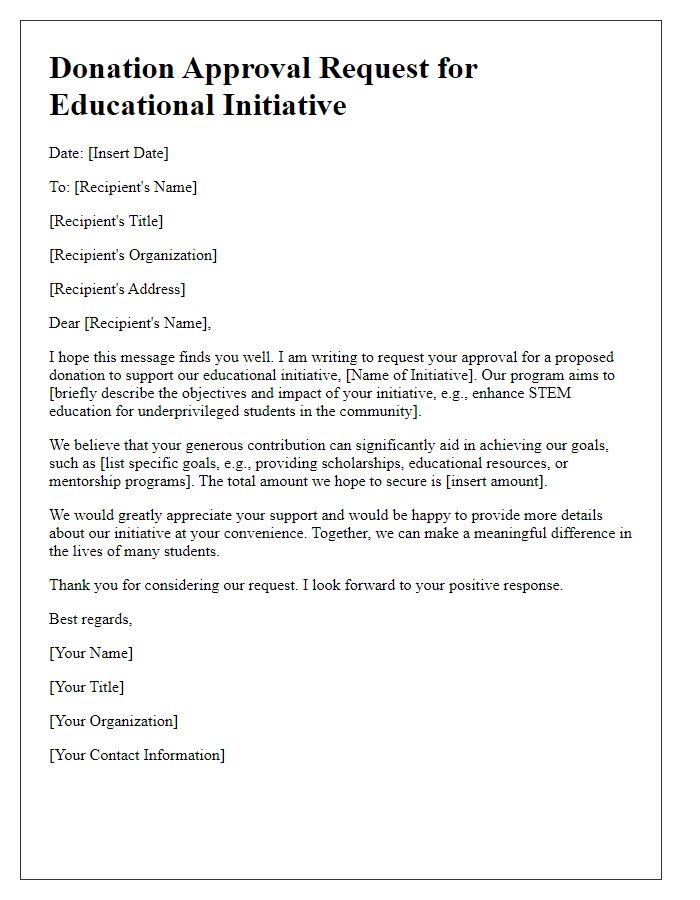 Letter template of donation approval request for educational initiative