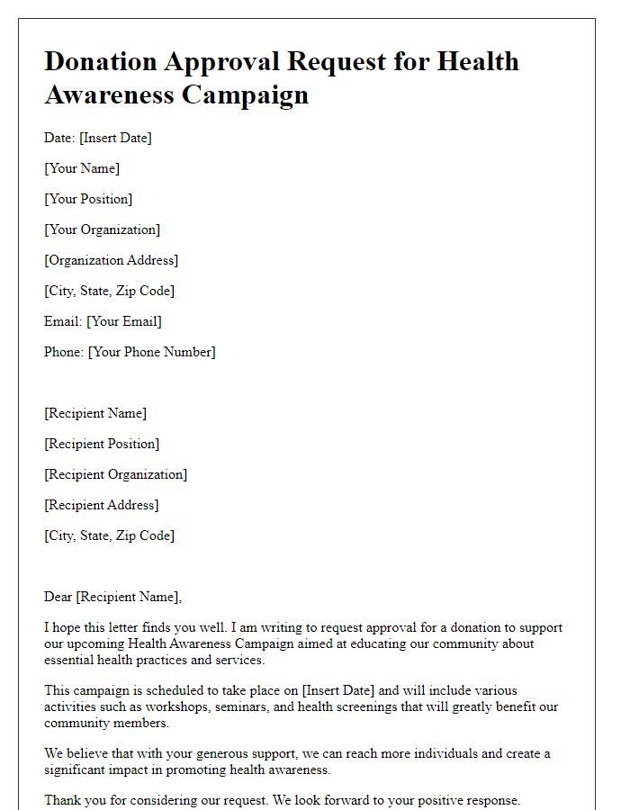 Letter template of donation approval request for health awareness campaign