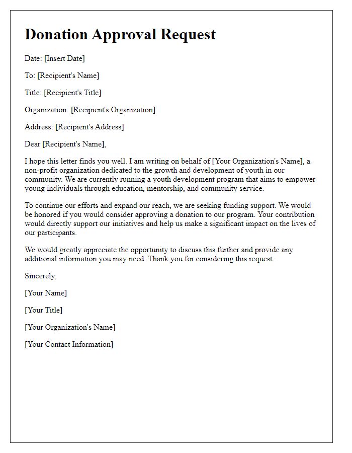 Letter template of donation approval request for youth development program