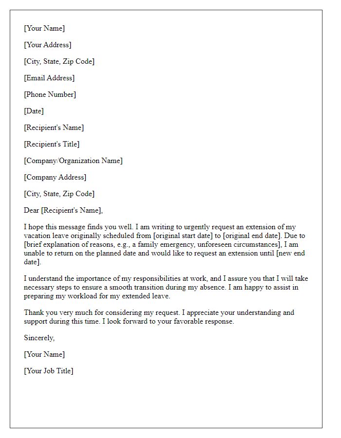 Letter template of urgent request for vacation extension