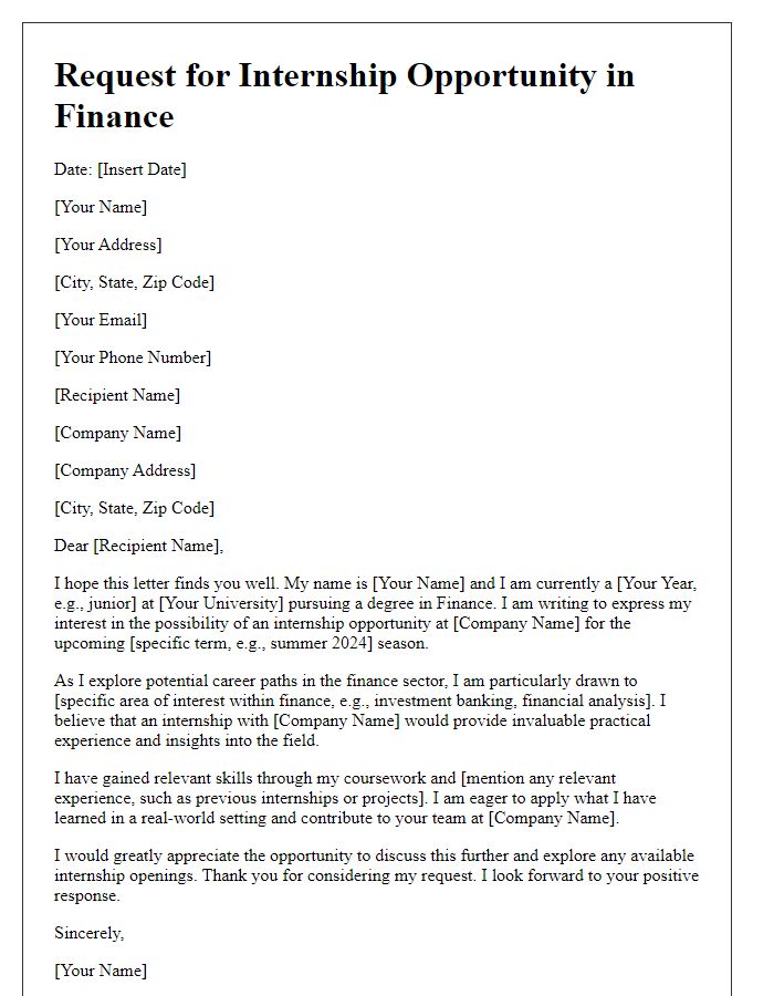 Letter template of request for internship opportunity in finance